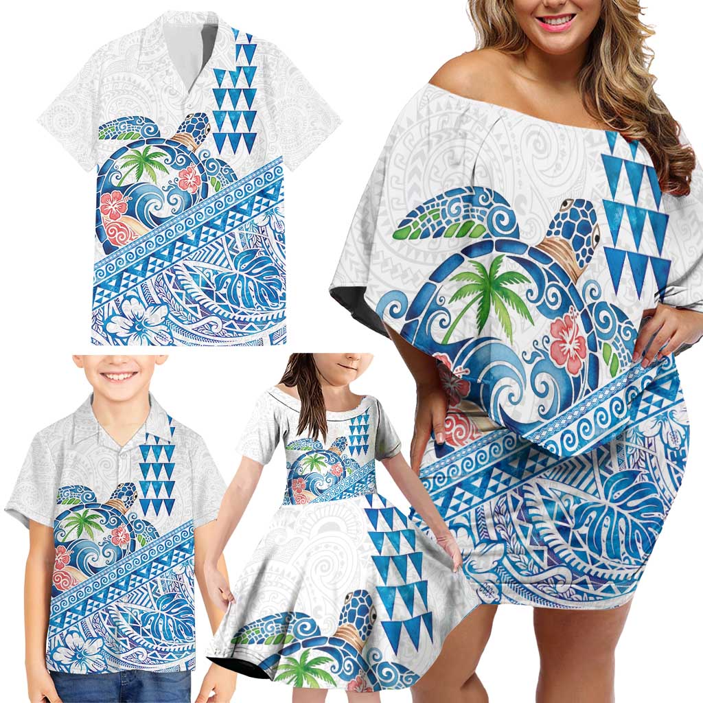 Hawaiian Abstract Sea Turtle Family Matching Off Shoulder Short Dress and Hawaiian Shirt Polynesian Tapa Art and Kakau Tattoo White WaterColor - Polynesian Pride