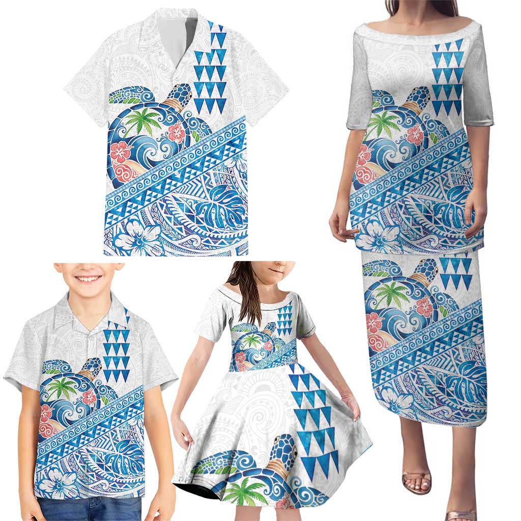 Hawaiian Abstract Sea Turtle Family Matching Puletasi and Hawaiian Shirt Polynesian Tapa Art and Kakau Tattoo White WaterColor - Polynesian Pride