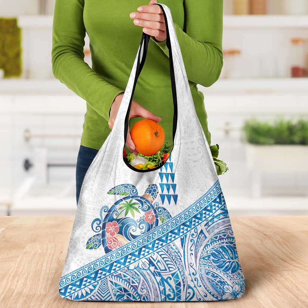 Hawaiian Abstract Sea Turtle Grocery Bag Polynesian Tapa Art and Kakau Tattoo White WaterColor - Polynesian Pride