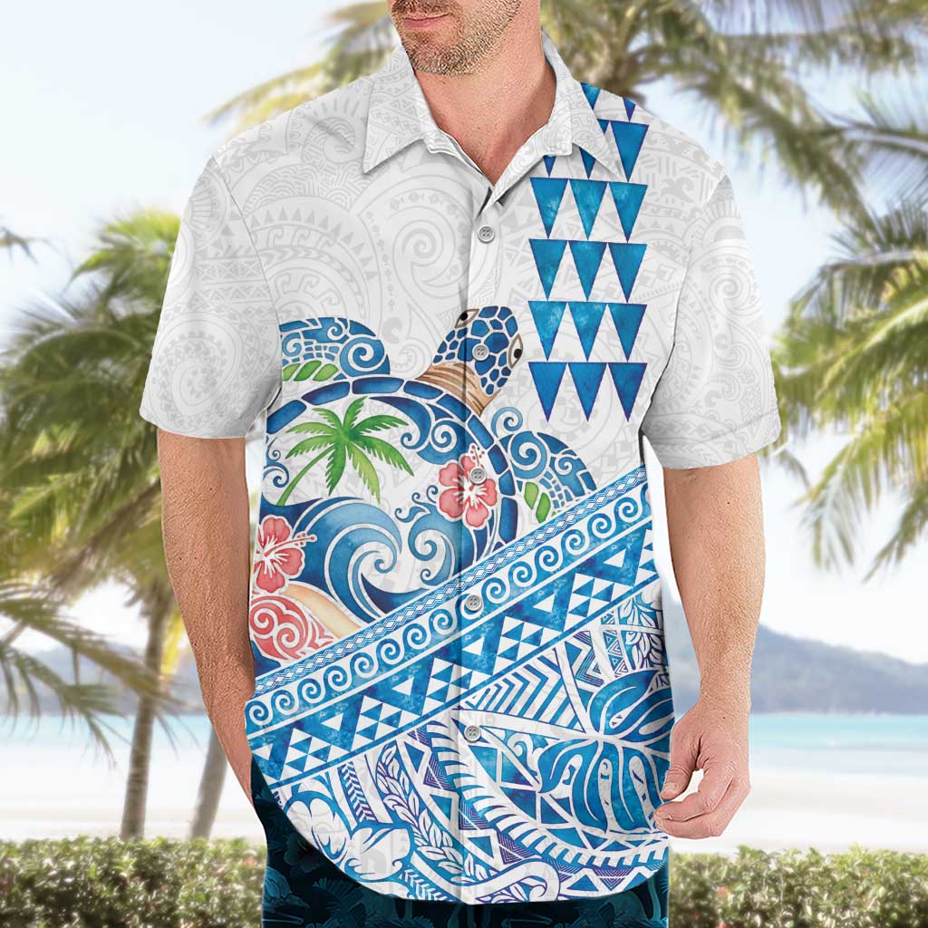 Hawaiian Abstract Sea Turtle Hawaiian Shirt Polynesian Tapa Art and Kakau Tattoo White WaterColor - Polynesian Pride