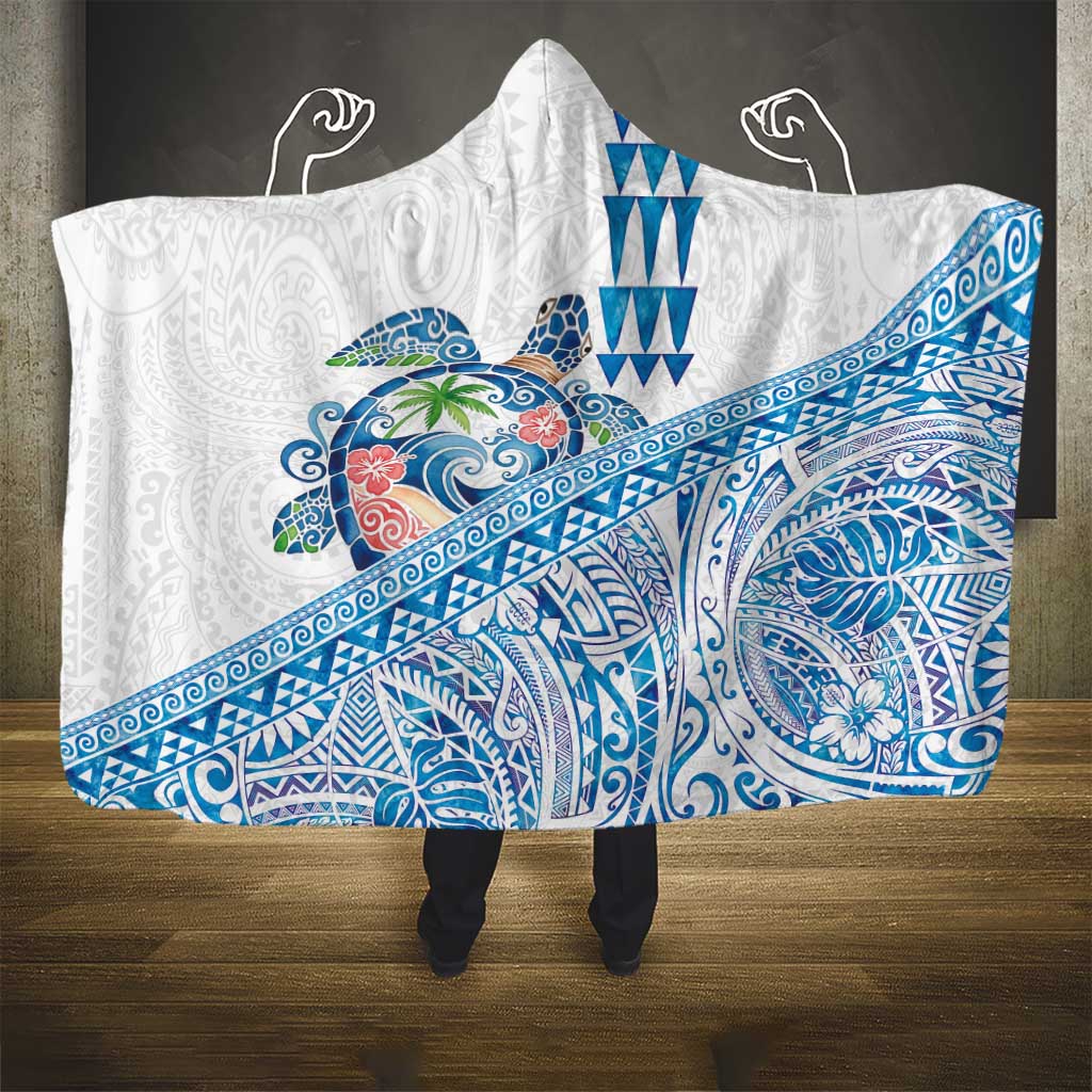 Hawaiian Abstract Sea Turtle Hooded Blanket Polynesian Tapa Art and Kakau Tattoo White WaterColor - Polynesian Pride