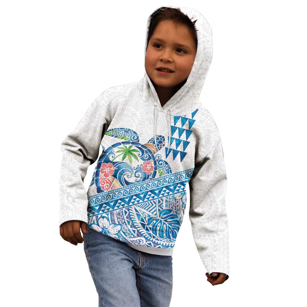 Hawaiian Abstract Sea Turtle Kid Hoodie Polynesian Tapa Art and Kakau Tattoo White WaterColor - Polynesian Pride