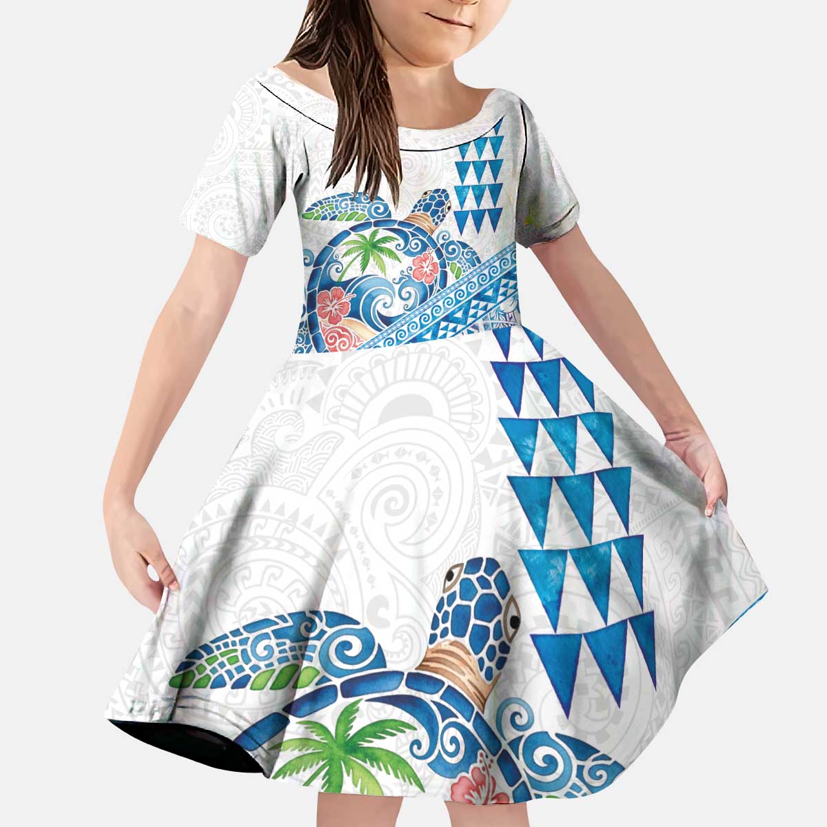 Hawaiian Abstract Sea Turtle Kid Short Sleeve Dress Polynesian Tapa Art and Kakau Tattoo White WaterColor - Polynesian Pride