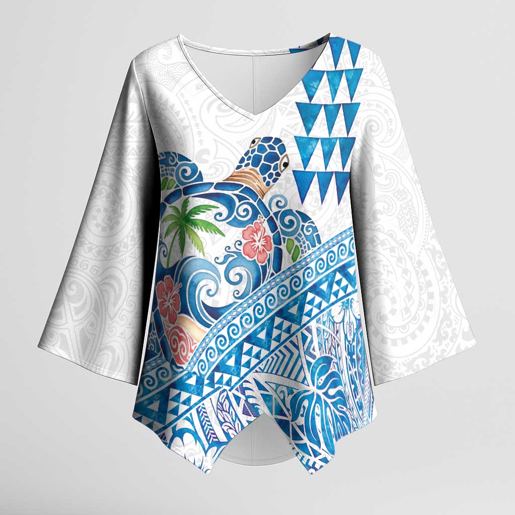 Hawaiian Abstract Sea Turtle Kimono Sleeve Blouse Polynesian Tapa Art and Kakau Tattoo White WaterColor - Polynesian Pride