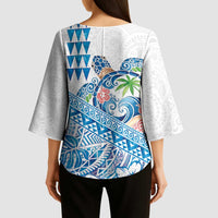Hawaiian Abstract Sea Turtle Kimono Sleeve Blouse Polynesian Tapa Art and Kakau Tattoo White WaterColor - Polynesian Pride