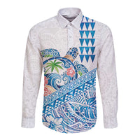 Hawaiian Abstract Sea Turtle Long Sleeve Button Shirt Polynesian Tapa Art and Kakau Tattoo White WaterColor - Polynesian Pride