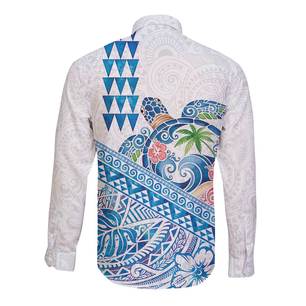 Hawaiian Abstract Sea Turtle Long Sleeve Button Shirt Polynesian Tapa Art and Kakau Tattoo White WaterColor - Polynesian Pride