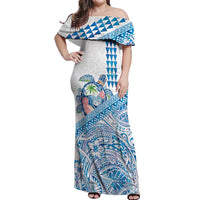 Hawaiian Abstract Sea Turtle Off Shoulder Maxi Dress Polynesian Tapa Art and Kakau Tattoo White WaterColor - Polynesian Pride