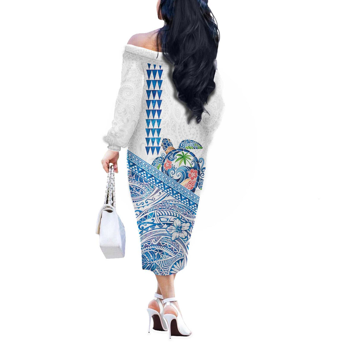 Hawaiian Abstract Sea Turtle Off The Shoulder Long Sleeve Dress Polynesian Tapa Art and Kakau Tattoo White WaterColor - Polynesian Pride