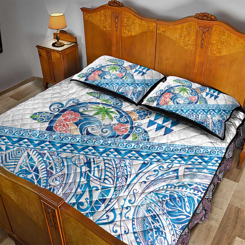 Hawaiian Abstract Sea Turtle Quilt Bed Set Polynesian Tapa Art and Kakau Tattoo White WaterColor - Polynesian Pride