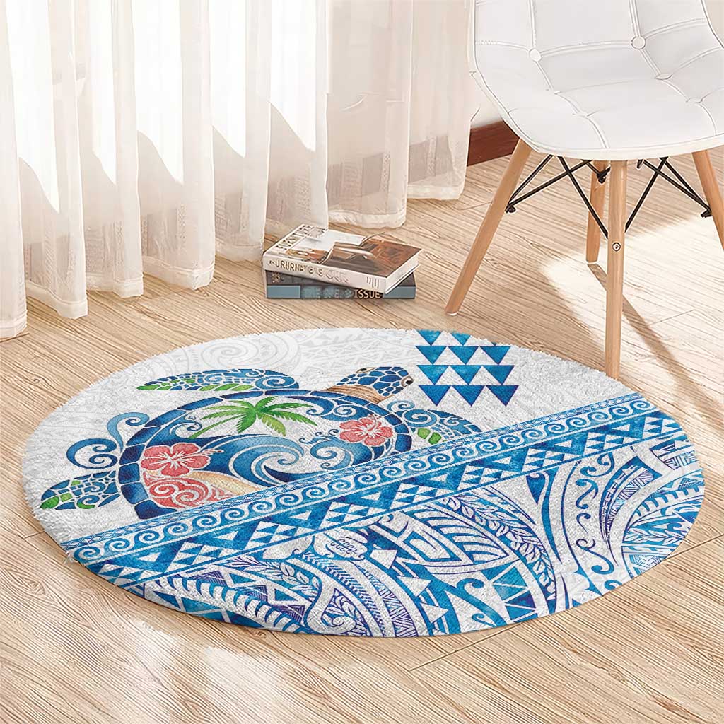 Hawaiian Abstract Sea Turtle Round Carpet Polynesian Tapa Art and Kakau Tattoo White WaterColor - Polynesian Pride