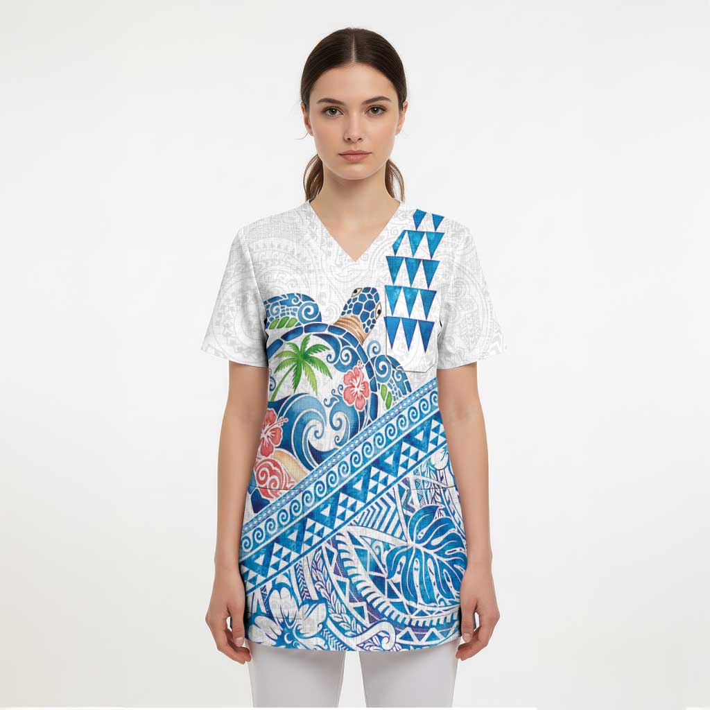 Hawaiian Abstract Sea Turtle Scrub Top Polynesian Tapa Art and Kakau Tattoo White WaterColor - Polynesian Pride