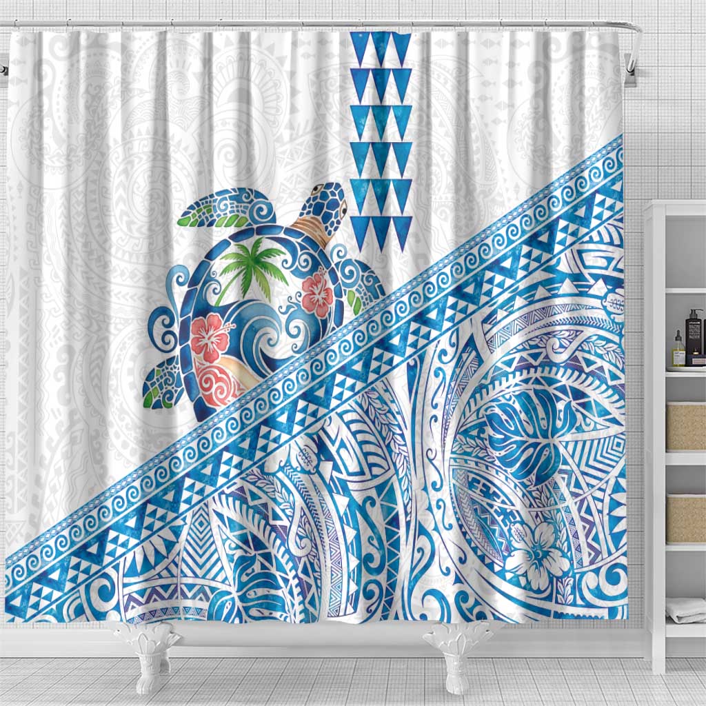 Hawaiian Abstract Sea Turtle Shower Curtain Polynesian Tapa Art and Kakau Tattoo White WaterColor - Polynesian Pride