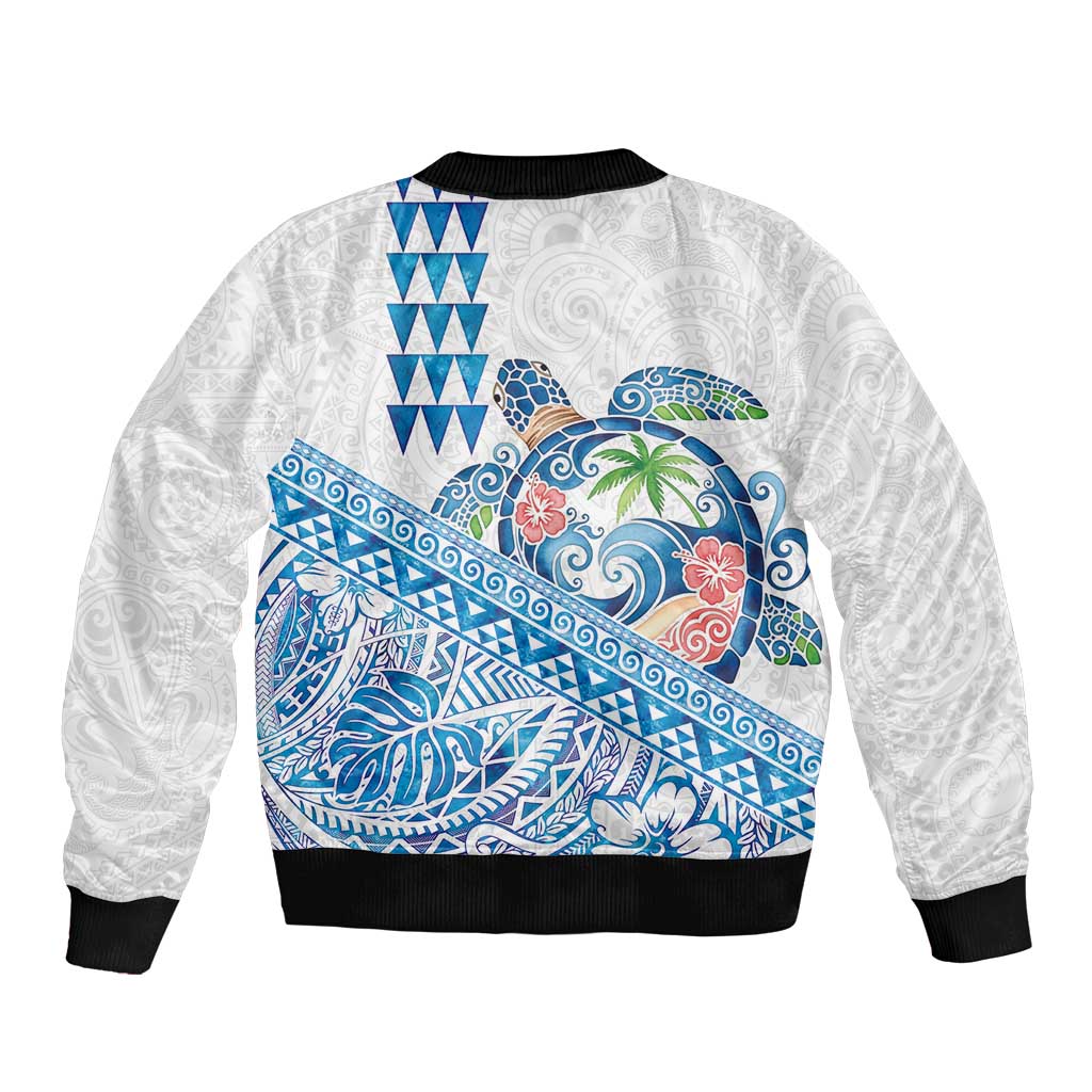 Hawaiian Abstract Sea Turtle Sleeve Zip Bomber Jacket Polynesian Tapa Art and Kakau Tattoo White WaterColor - Polynesian Pride