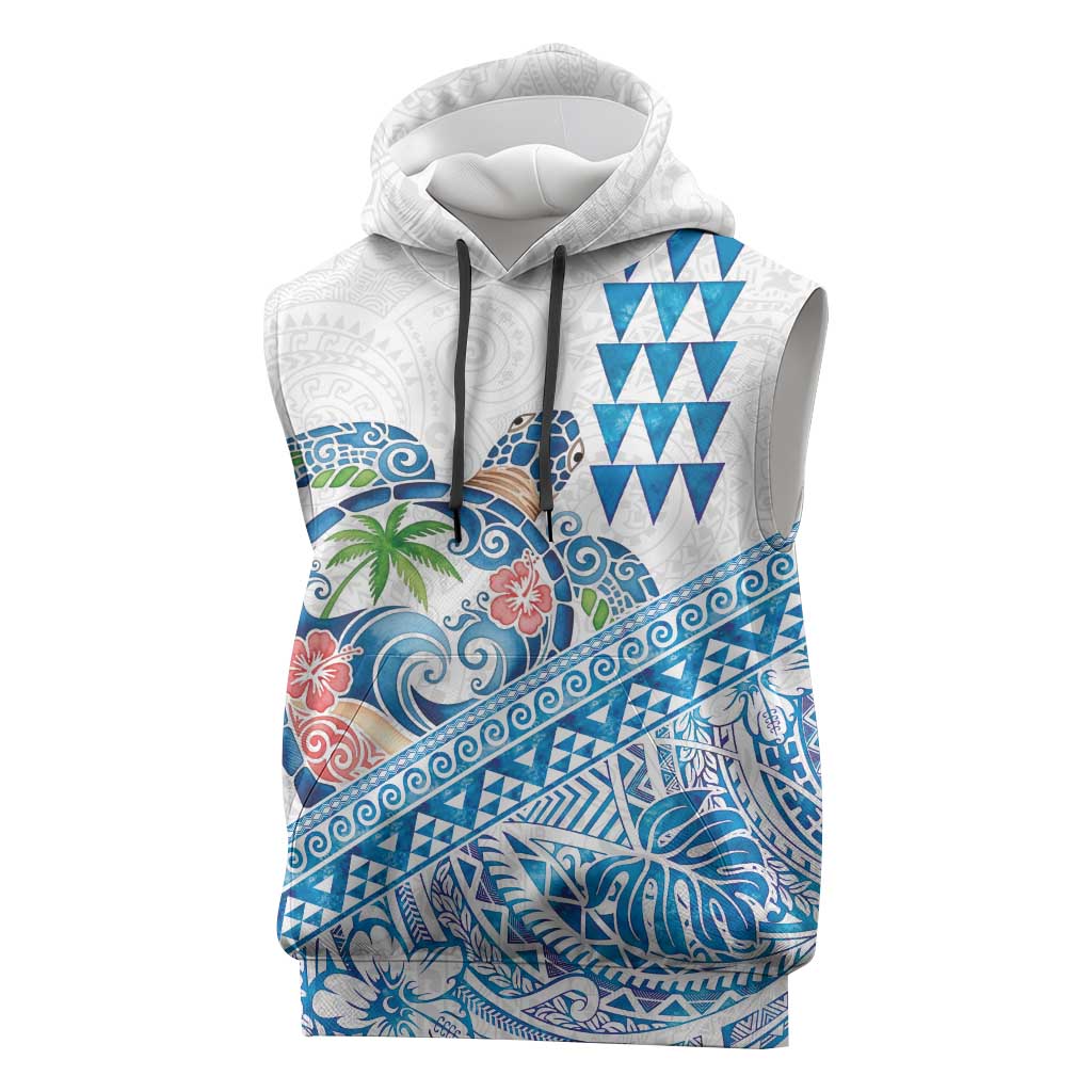 Hawaiian Abstract Sea Turtle Sleeveless Hoodie Polynesian Tapa Art and Kakau Tattoo White WaterColor - Polynesian Pride