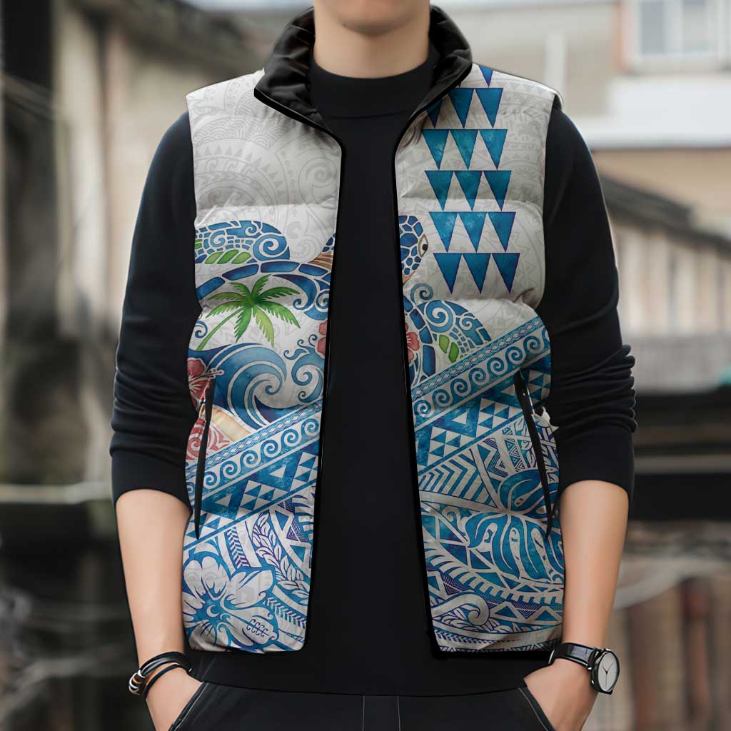 Hawaiian Abstract Sea Turtle Sleeveless Puffer Jacket Polynesian Tapa Art and Kakau Tattoo White WaterColor - Polynesian Pride
