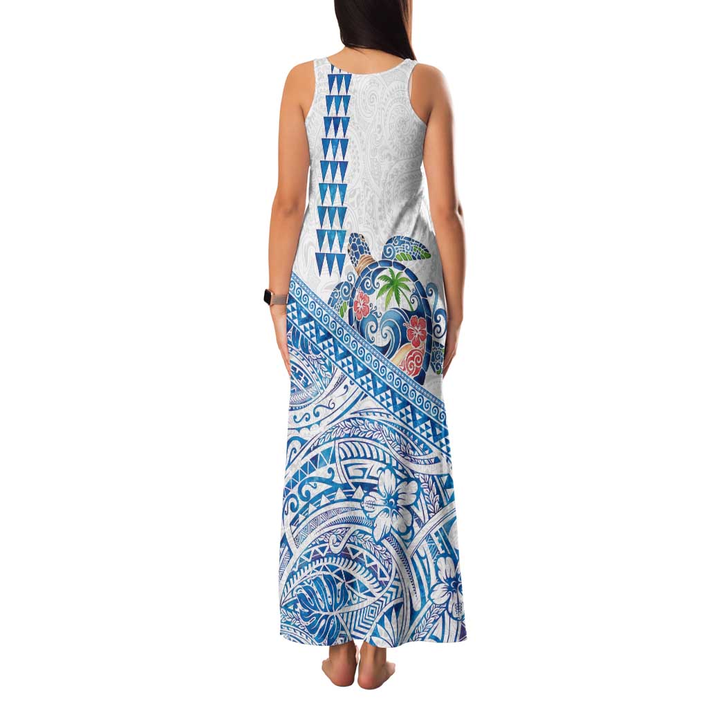 Hawaiian Abstract Sea Turtle Tank Maxi Dress Polynesian Tapa Art and Kakau Tattoo White WaterColor - Polynesian Pride