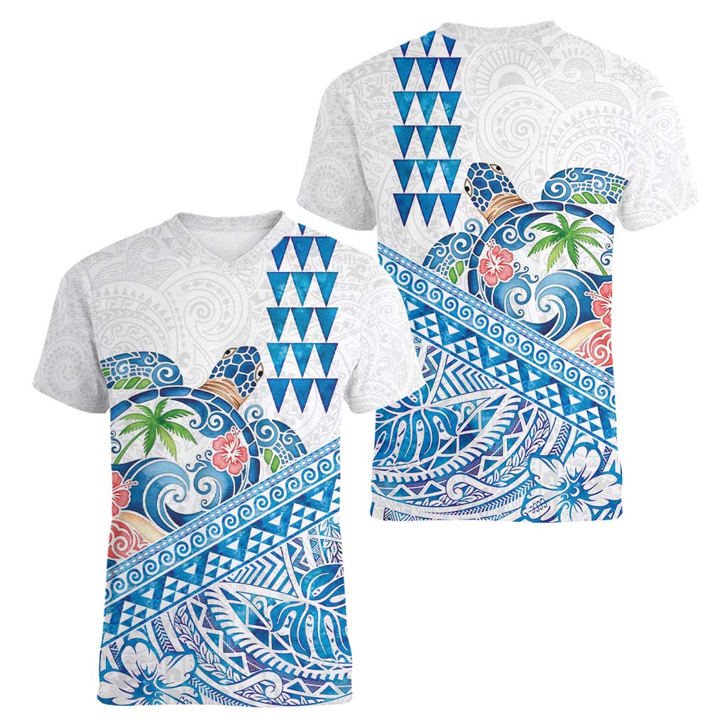 Hawaiian Abstract Sea Turtle Women V-Neck T-Shirt Polynesian Tapa Art and Kakau Tattoo White WaterColor - Polynesian Pride