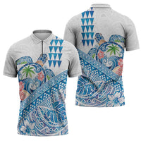 Hawaiian Abstract Sea Turtle Zipper Polo Shirt Polynesian Tapa Art and Kakau Tattoo White WaterColor - Polynesian Pride