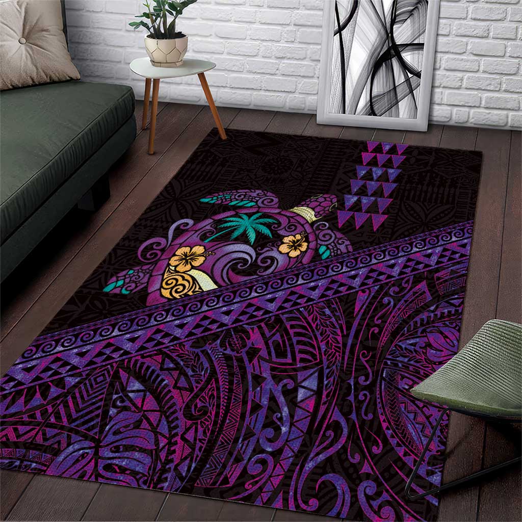 Hawaiian Abstract Sea Turtle Area Rug Polynesian Tapa Art and Kakau Tattoo Purple WaterColor - Polynesian Pride