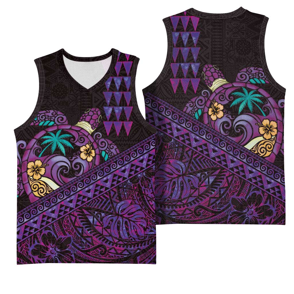 Hawaiian Abstract Sea Turtle Basketball Jersey Polynesian Tapa Art and Kakau Tattoo Purple WaterColor - Polynesian Pride