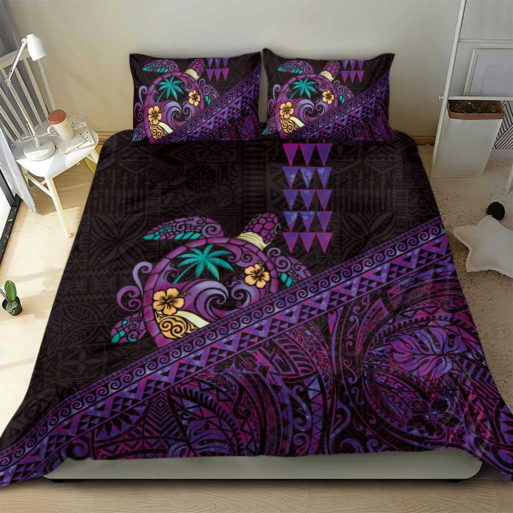 Hawaiian Abstract Sea Turtle Bedding Set Polynesian Tapa Art and Kakau Tattoo Purple WaterColor - Polynesian Pride