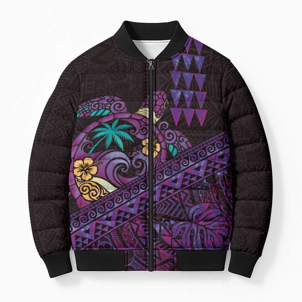Hawaiian Abstract Sea Turtle Bomber Puffer Jacket Polynesian Tapa Art and Kakau Tattoo Purple WaterColor - Polynesian Pride
