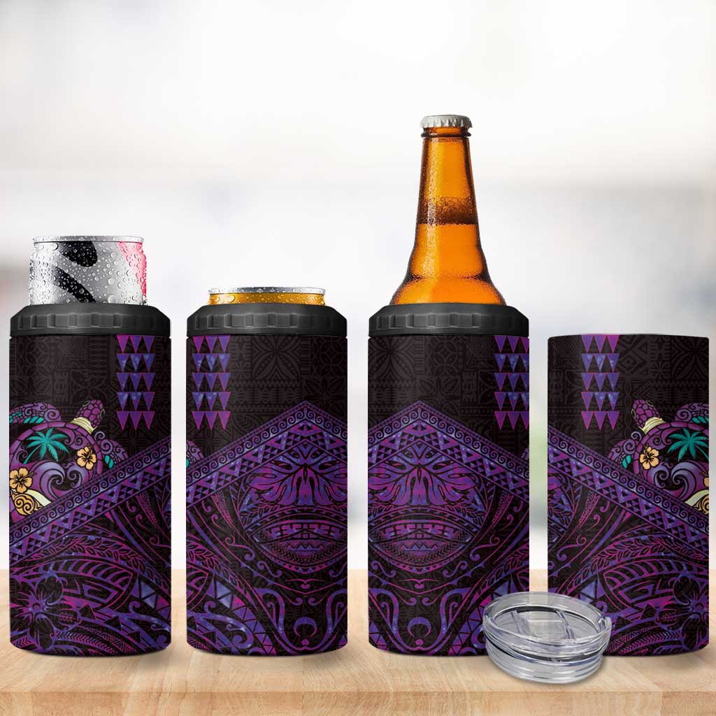 Hawaiian Abstract Sea Turtle 4 in 1 Can Cooler Tumbler Polynesian Tapa Art and Kakau Tattoo Purple WaterColor - Polynesian Pride