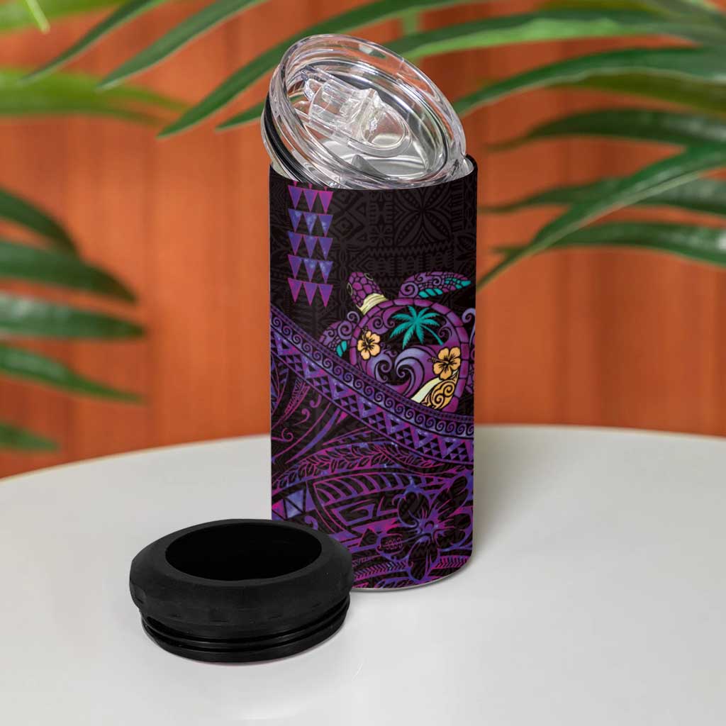 Hawaiian Abstract Sea Turtle 4 in 1 Can Cooler Tumbler Polynesian Tapa Art and Kakau Tattoo Purple WaterColor - Polynesian Pride