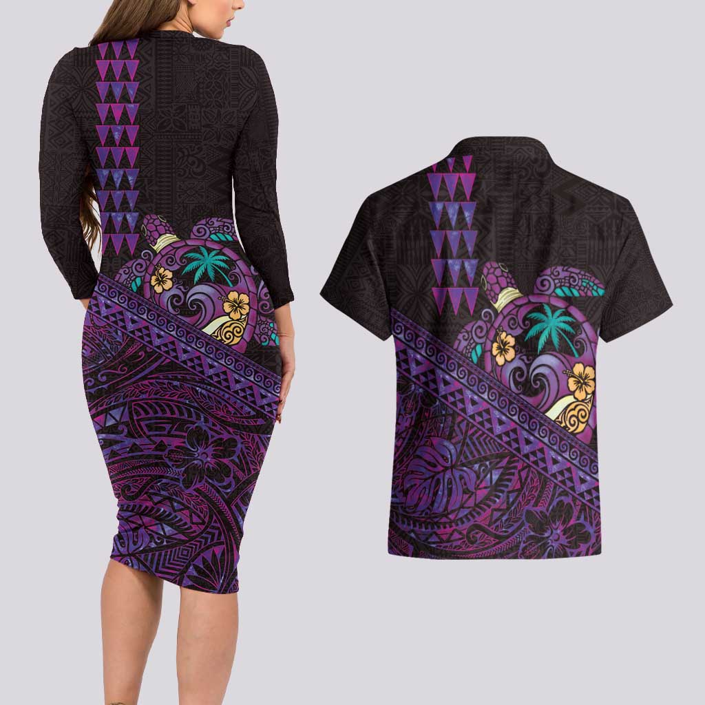 Hawaiian Abstract Sea Turtle Couples Matching Long Sleeve Bodycon Dress and Hawaiian Shirt Polynesian Tapa Art and Kakau Tattoo Purple WaterColor - Polynesian Pride