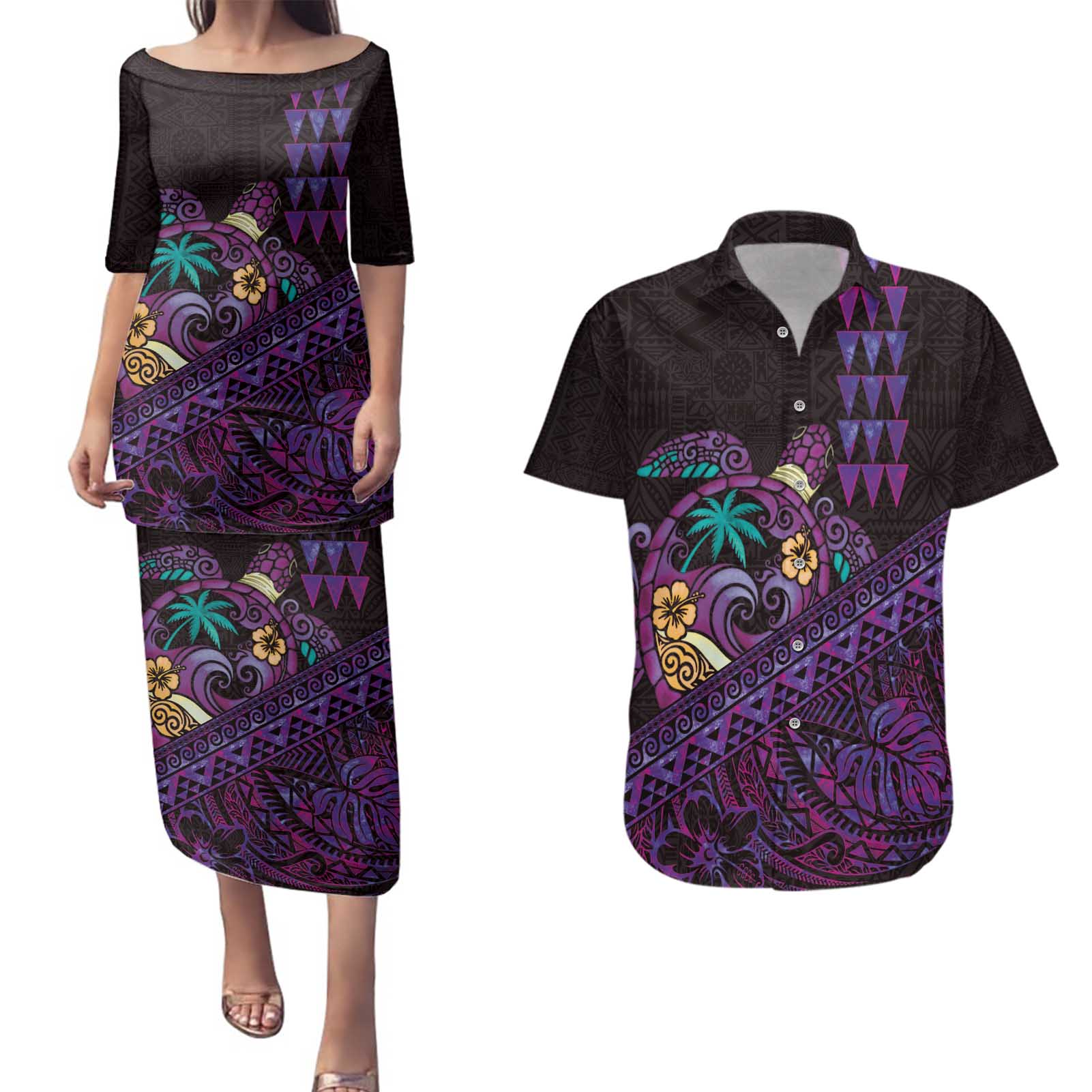 Hawaiian Abstract Sea Turtle Couples Matching Puletasi and Hawaiian Shirt Polynesian Tapa Art and Kakau Tattoo Purple WaterColor - Polynesian Pride