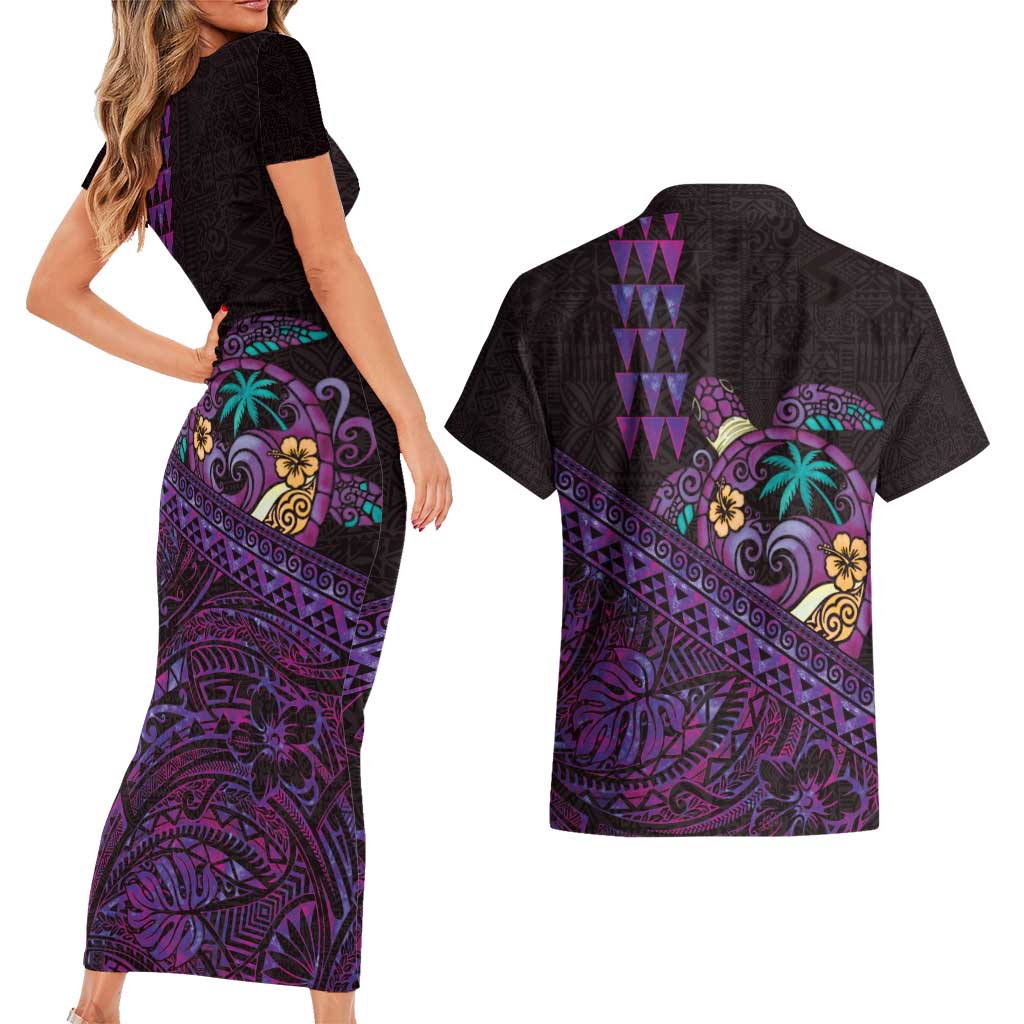 Hawaiian Abstract Sea Turtle Couples Matching Short Sleeve Bodycon Dress and Hawaiian Shirt Polynesian Tapa Art and Kakau Tattoo Purple WaterColor - Polynesian Pride