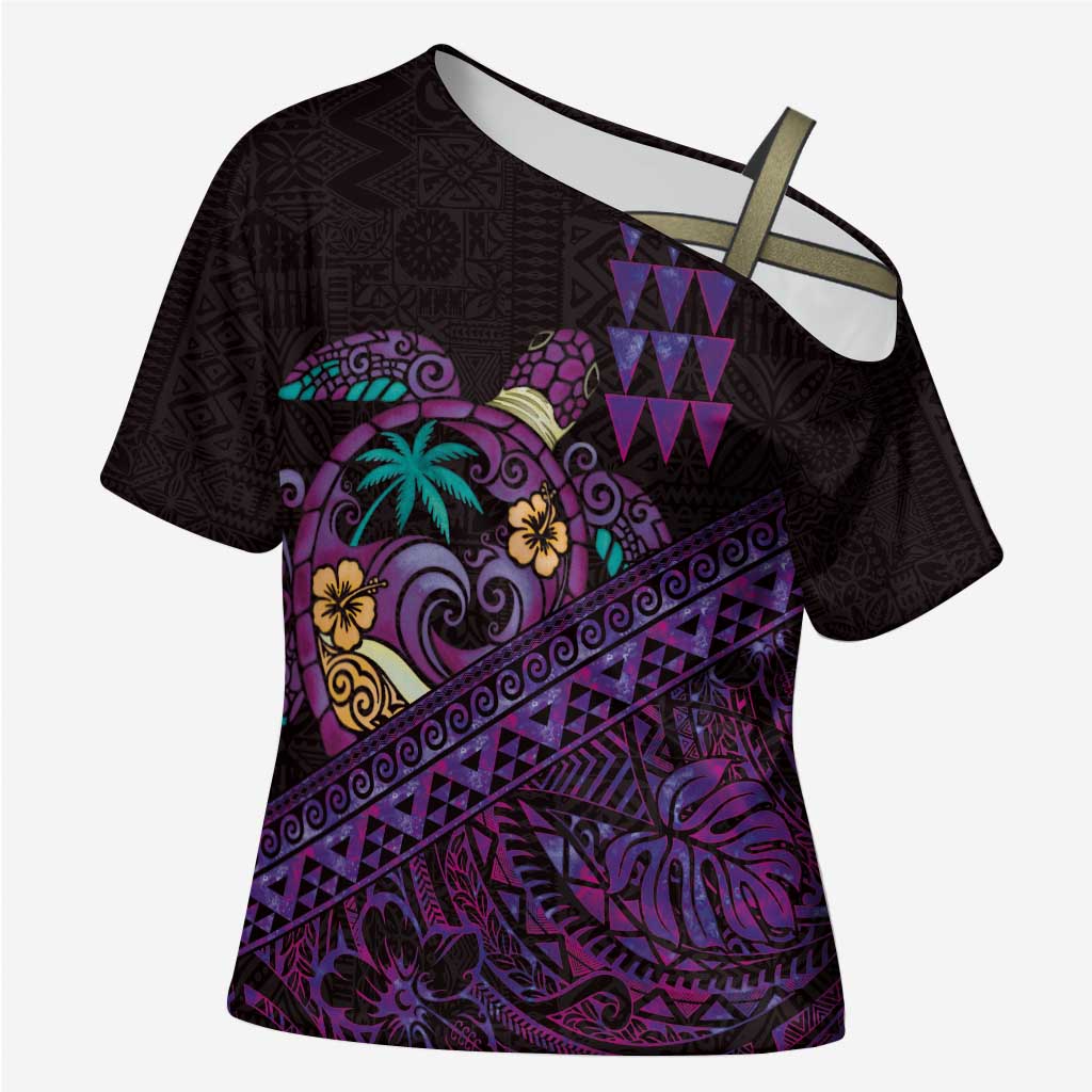 Hawaiian Abstract Sea Turtle Cross Shoulder Shirt Polynesian Tapa Art and Kakau Tattoo Purple WaterColor - Polynesian Pride