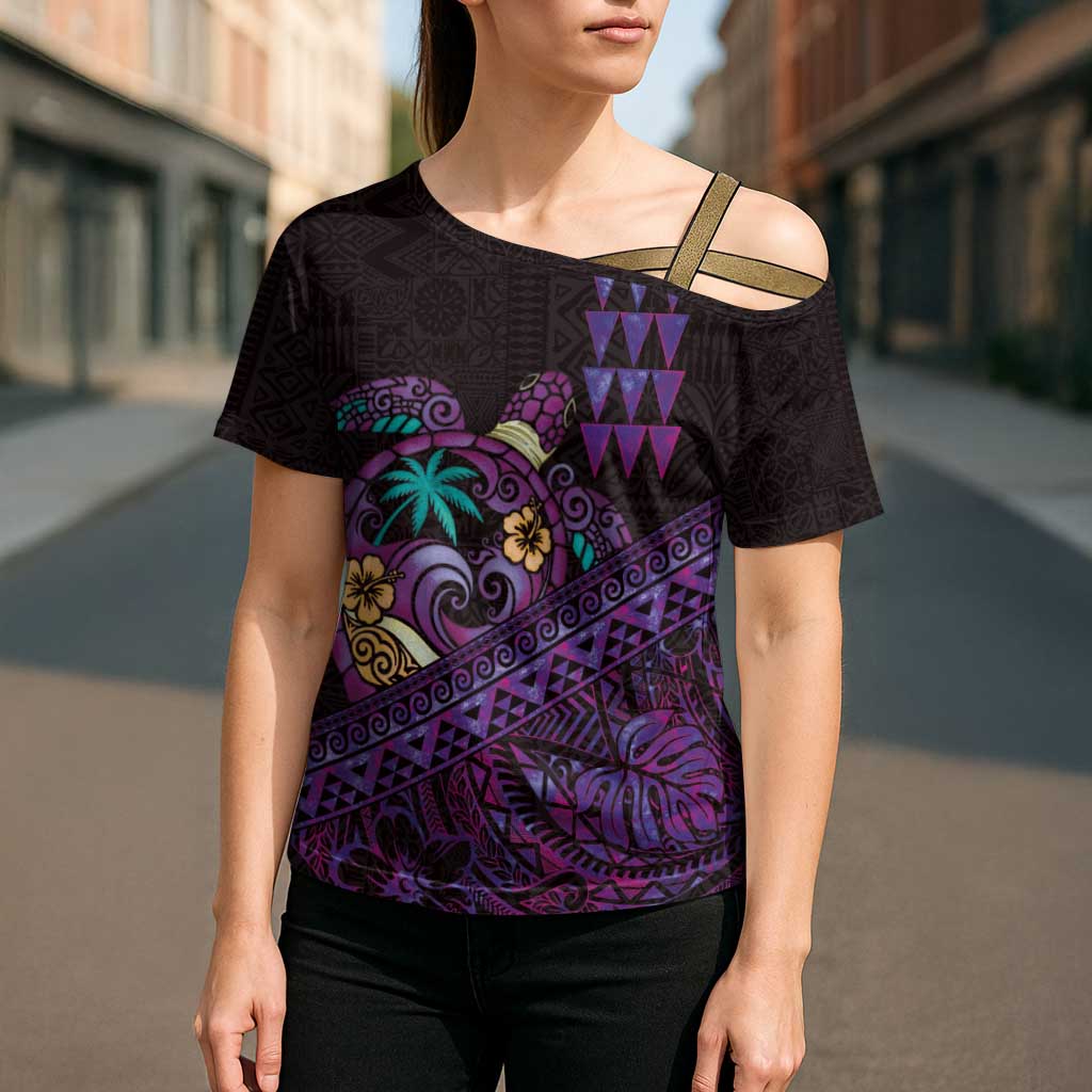 Hawaiian Abstract Sea Turtle Cross Shoulder Shirt Polynesian Tapa Art and Kakau Tattoo Purple WaterColor - Polynesian Pride