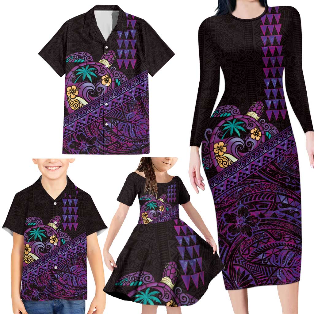 Hawaiian Abstract Sea Turtle Family Matching Long Sleeve Bodycon Dress and Hawaiian Shirt Polynesian Tapa Art and Kakau Tattoo Purple WaterColor - Polynesian Pride