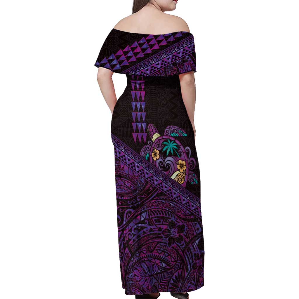 Hawaiian Abstract Sea Turtle Family Matching Off Shoulder Maxi Dress and Hawaiian Shirt Polynesian Tapa Art and Kakau Tattoo Purple WaterColor - Polynesian Pride