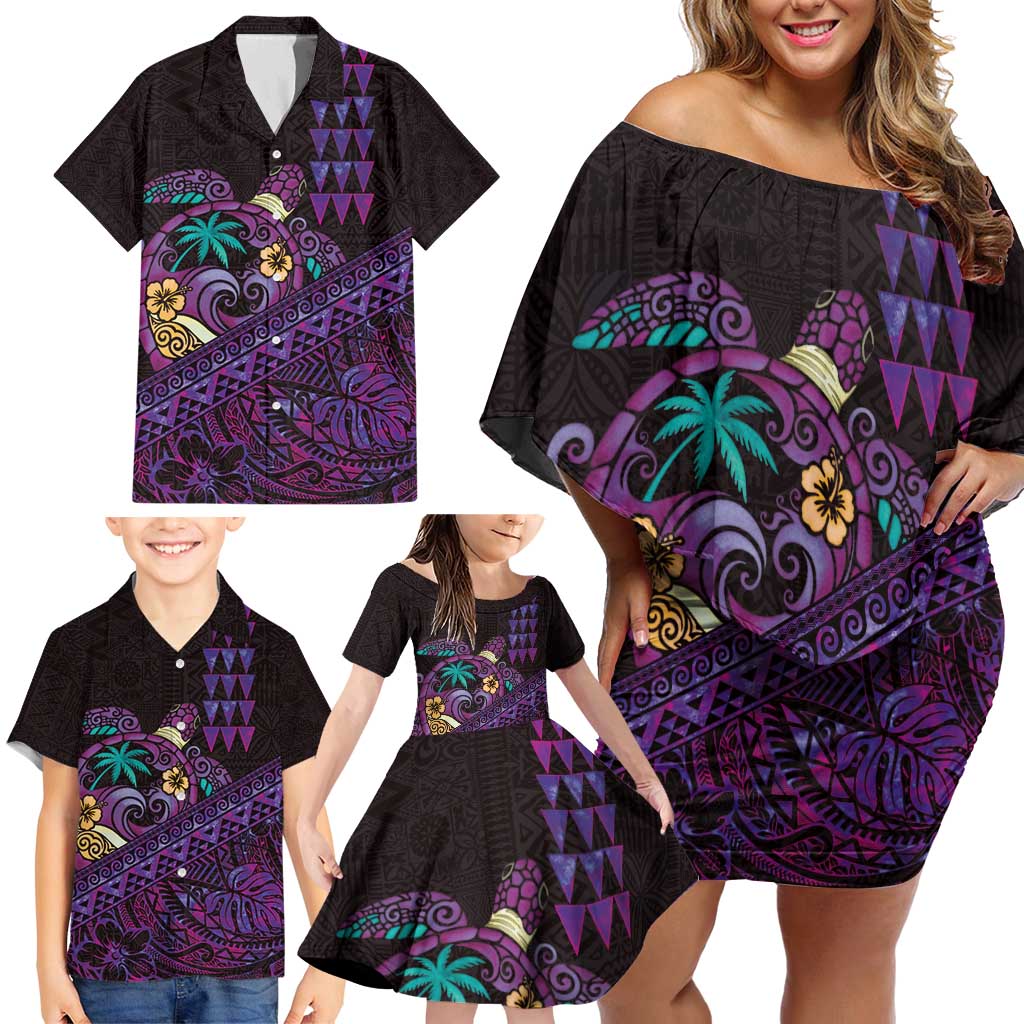 Hawaiian Abstract Sea Turtle Family Matching Off Shoulder Short Dress and Hawaiian Shirt Polynesian Tapa Art and Kakau Tattoo Purple WaterColor - Polynesian Pride