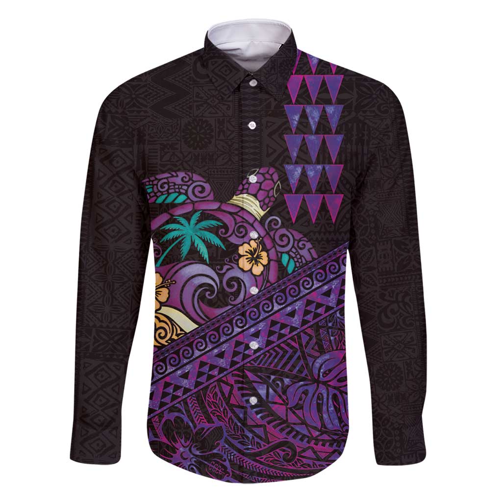 Hawaiian Abstract Sea Turtle Family Matching Off Shoulder Short Dress and Hawaiian Shirt Polynesian Tapa Art and Kakau Tattoo Purple WaterColor - Polynesian Pride