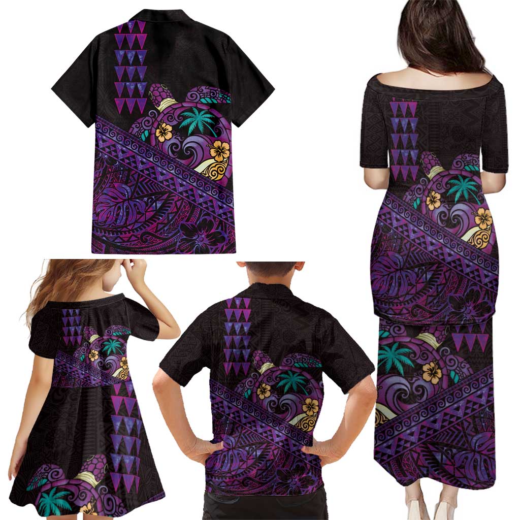 Hawaiian Abstract Sea Turtle Family Matching Puletasi and Hawaiian Shirt Polynesian Tapa Art and Kakau Tattoo Purple WaterColor - Polynesian Pride
