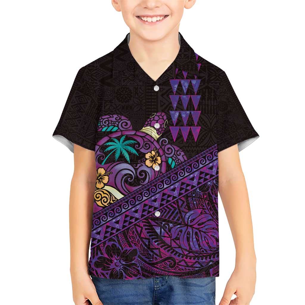 Hawaiian Abstract Sea Turtle Kid Hawaiian Shirt Polynesian Tapa Art and Kakau Tattoo Purple WaterColor - Polynesian Pride