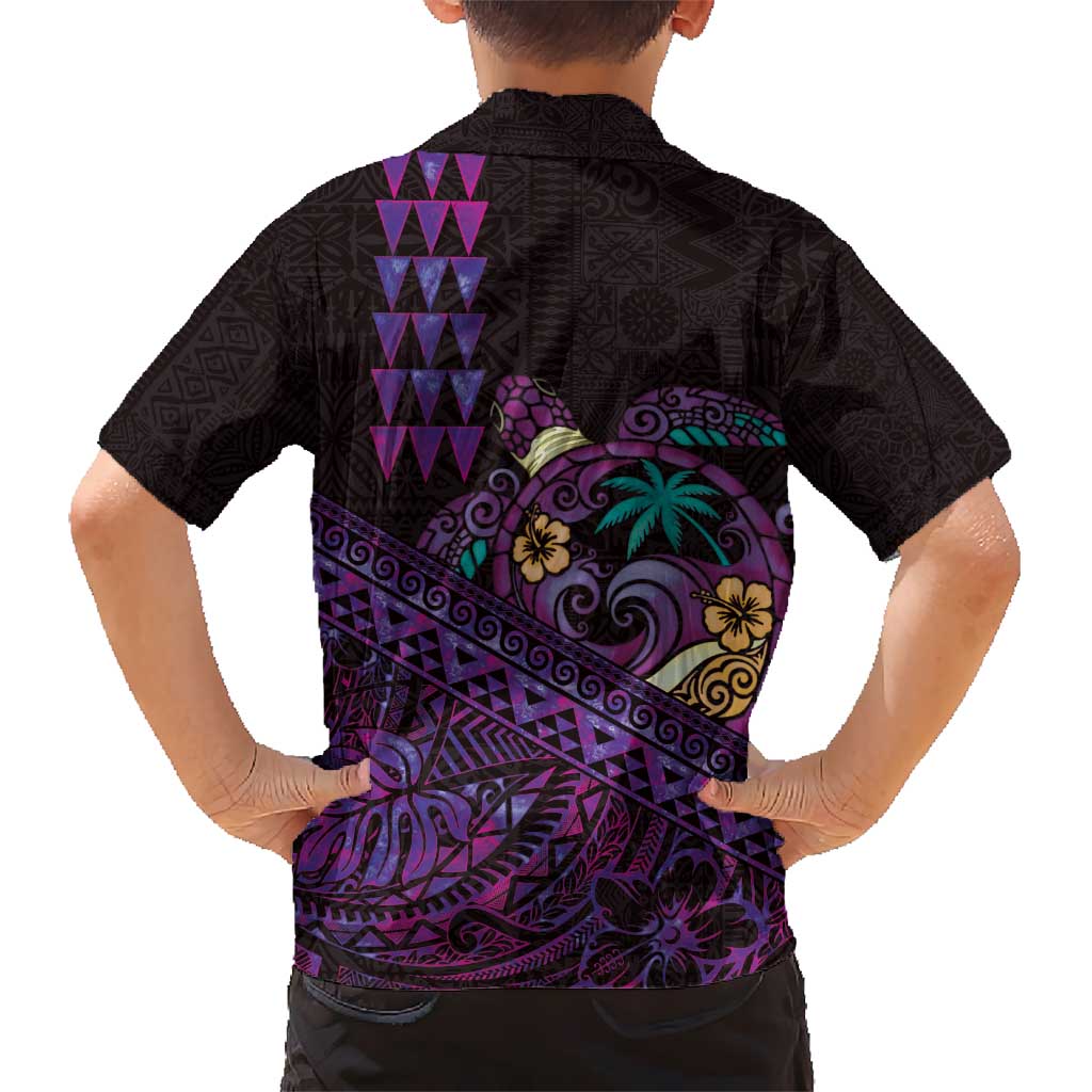 Hawaiian Abstract Sea Turtle Kid Hawaiian Shirt Polynesian Tapa Art and Kakau Tattoo Purple WaterColor - Polynesian Pride
