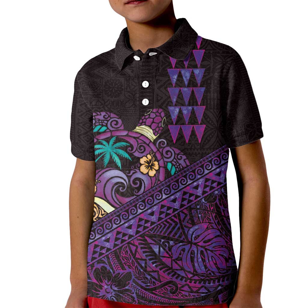 Hawaiian Abstract Sea Turtle Kid Polo Shirt Polynesian Tapa Art and Kakau Tattoo Purple WaterColor - Polynesian Pride