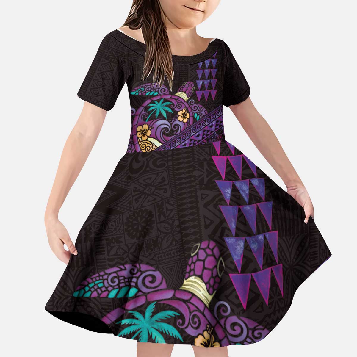 Hawaiian Abstract Sea Turtle Kid Short Sleeve Dress Polynesian Tapa Art and Kakau Tattoo Purple WaterColor - Polynesian Pride