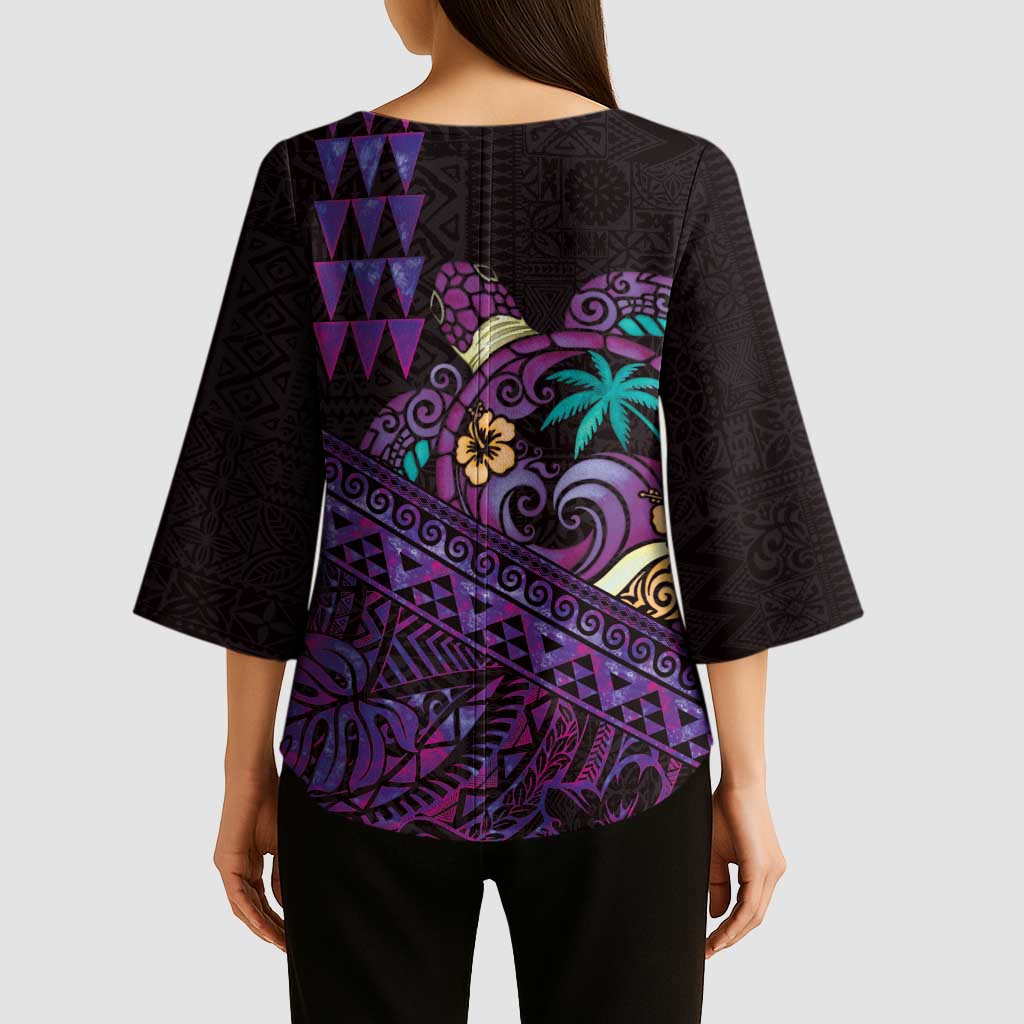 Hawaiian Abstract Sea Turtle Kimono Sleeve Blouse Polynesian Tapa Art and Kakau Tattoo Purple WaterColor - Polynesian Pride