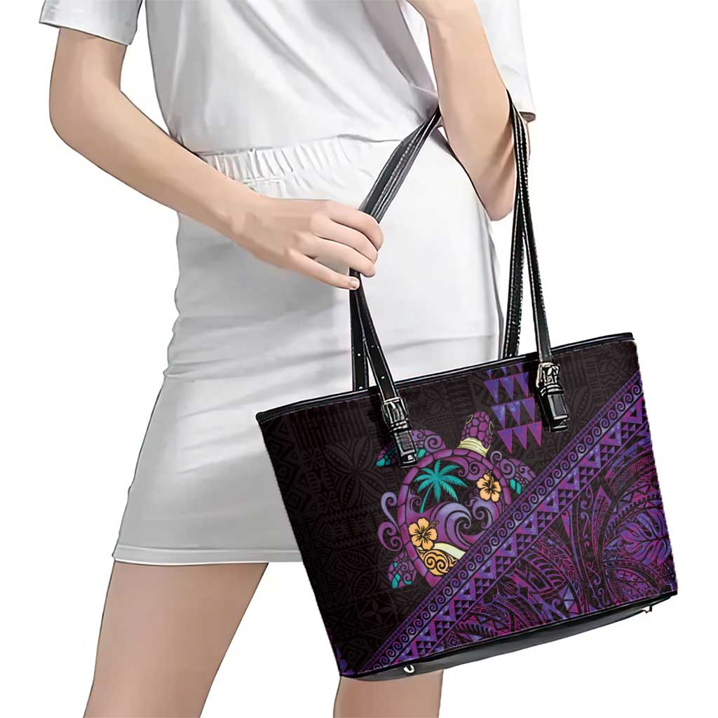 Hawaiian Abstract Sea Turtle Leather Tote Bag Polynesian Tapa Art and Kakau Tattoo Purple WaterColor - Polynesian Pride