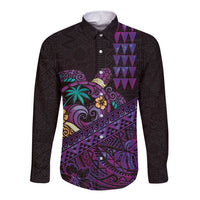 Hawaiian Abstract Sea Turtle Long Sleeve Button Shirt Polynesian Tapa Art and Kakau Tattoo Purple WaterColor - Polynesian Pride
