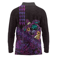 Hawaiian Abstract Sea Turtle Long Sleeve Polo Shirt Polynesian Tapa Art and Kakau Tattoo Purple WaterColor - Polynesian Pride