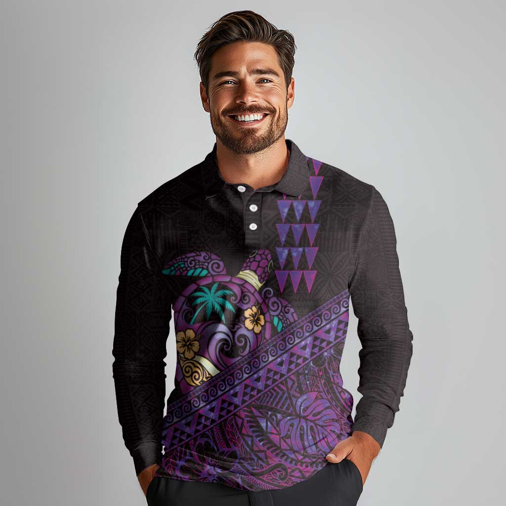 Hawaiian Abstract Sea Turtle Long Sleeve Polo Shirt Polynesian Tapa Art and Kakau Tattoo Purple WaterColor - Polynesian Pride