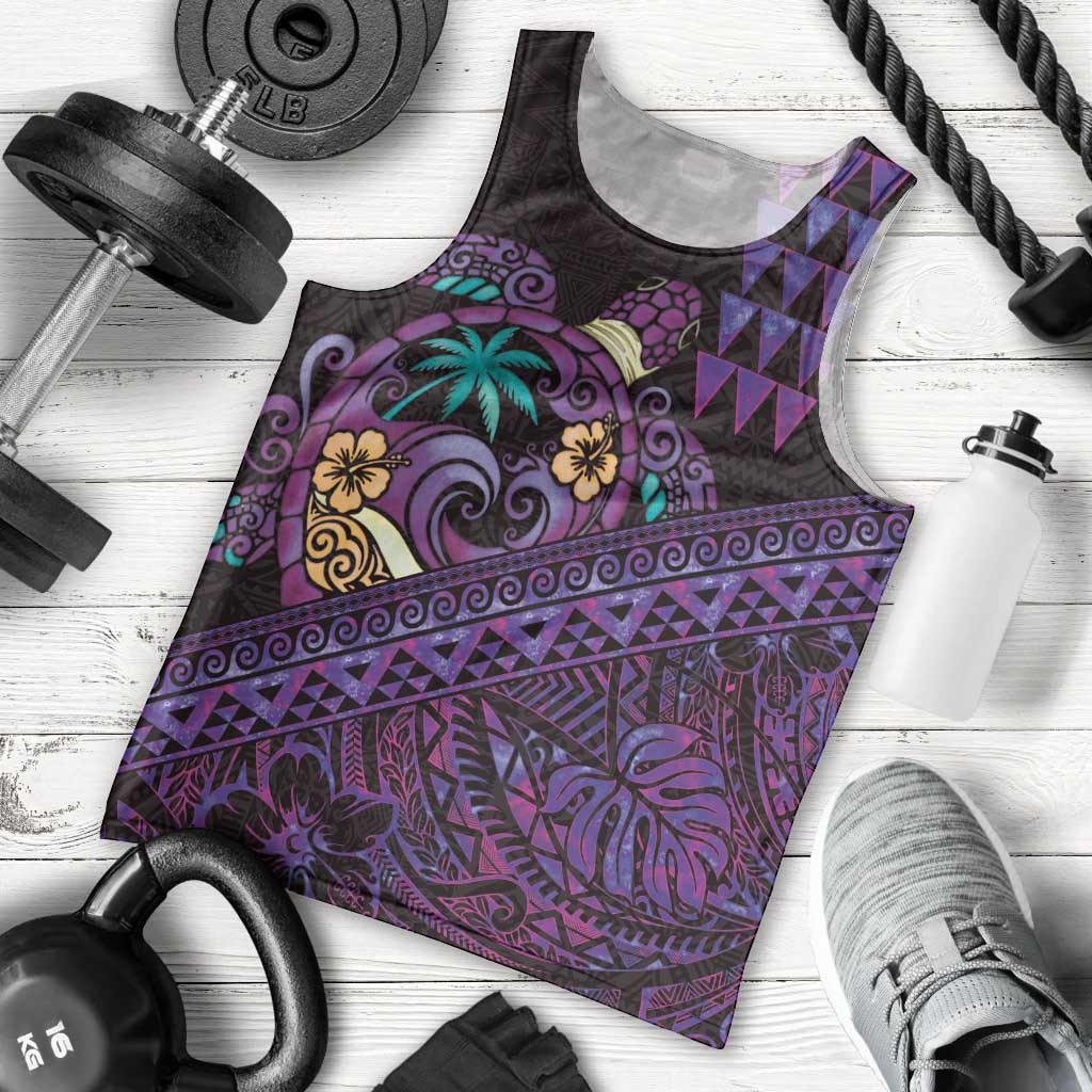 Hawaiian Abstract Sea Turtle Men Tank Top Polynesian Tapa Art and Kakau Tattoo Purple WaterColor - Polynesian Pride