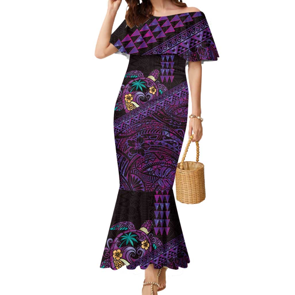 Hawaiian Abstract Sea Turtle Mermaid Dress Polynesian Tapa Art and Kakau Tattoo Purple WaterColor - Polynesian Pride